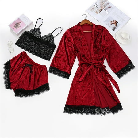 

FZM Women s Sexy Pajamas Lace Velvet Solid Color Lace Three-Piece Pajamas Nightdress Underwear Sleepwear