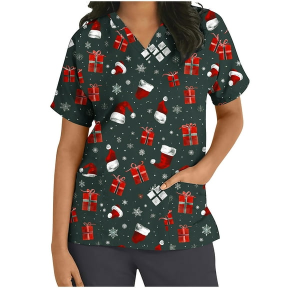 Xfvqtps Christmas Scrub Tops for Women Soft V-Neck Scrubs Comfortable Nursing Uniforms Christmas Printed Short Sleeve Top Protective Clothing Working Uniforms with Pockets Purple