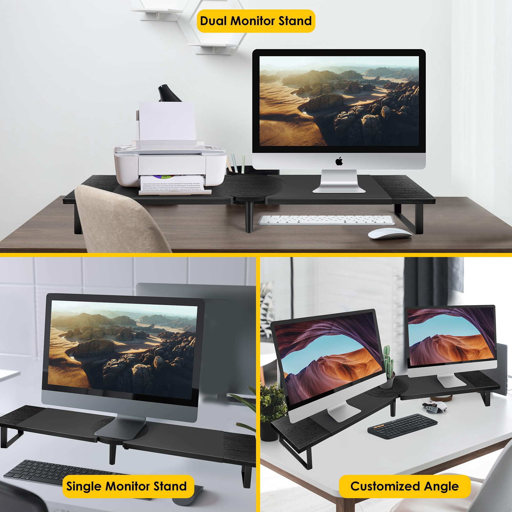 Dual-monitor Stand For Desk - Large Adjustable Length And Angle Riser 2 Monitors  Double Computer Desktop Organizer Shelf Tv Laptop Printer