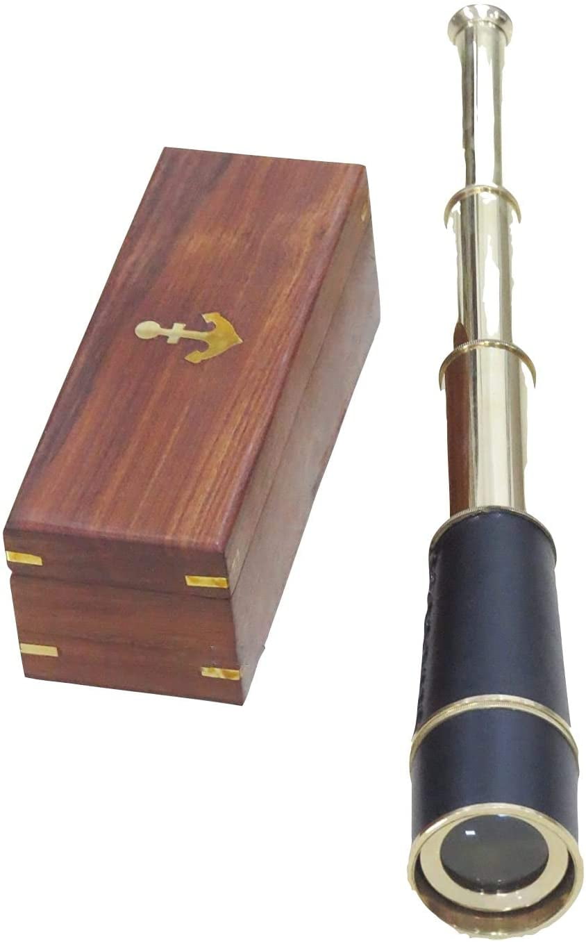 Brass Telescope w/ Leather Grip & Wooden Box Hand Held Spyglass Sailor/Pirates 