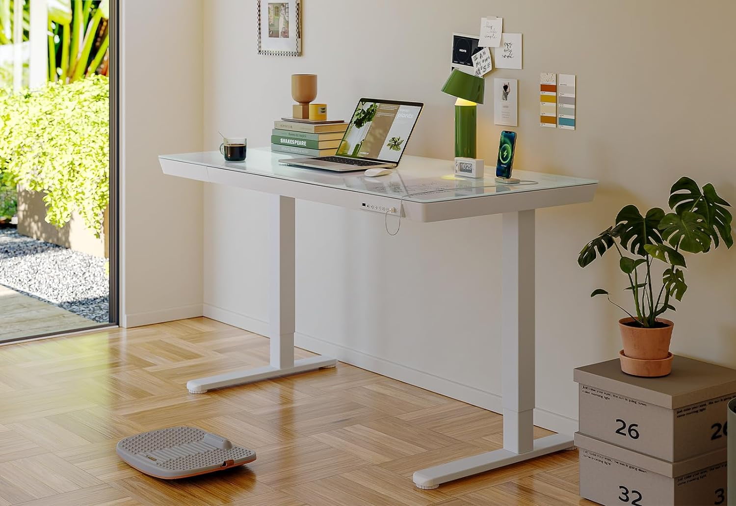 DESINO 48" Electric Standing Desk with Drawers, Whole-Piece Glass Adjustable Height Desk, One-Piece Adjustable Sit Stand Desk with USB Charge Ports, White