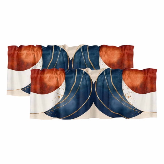 Navy Blue Burnt Orange Curtain Valances for Windows, Kitchen Valance Window Treatments Panel 2 Pack, Modern Boho Art Geometric Rod Pocket Short Curtains for Bathroom Bedroom 54 x 18 Inch