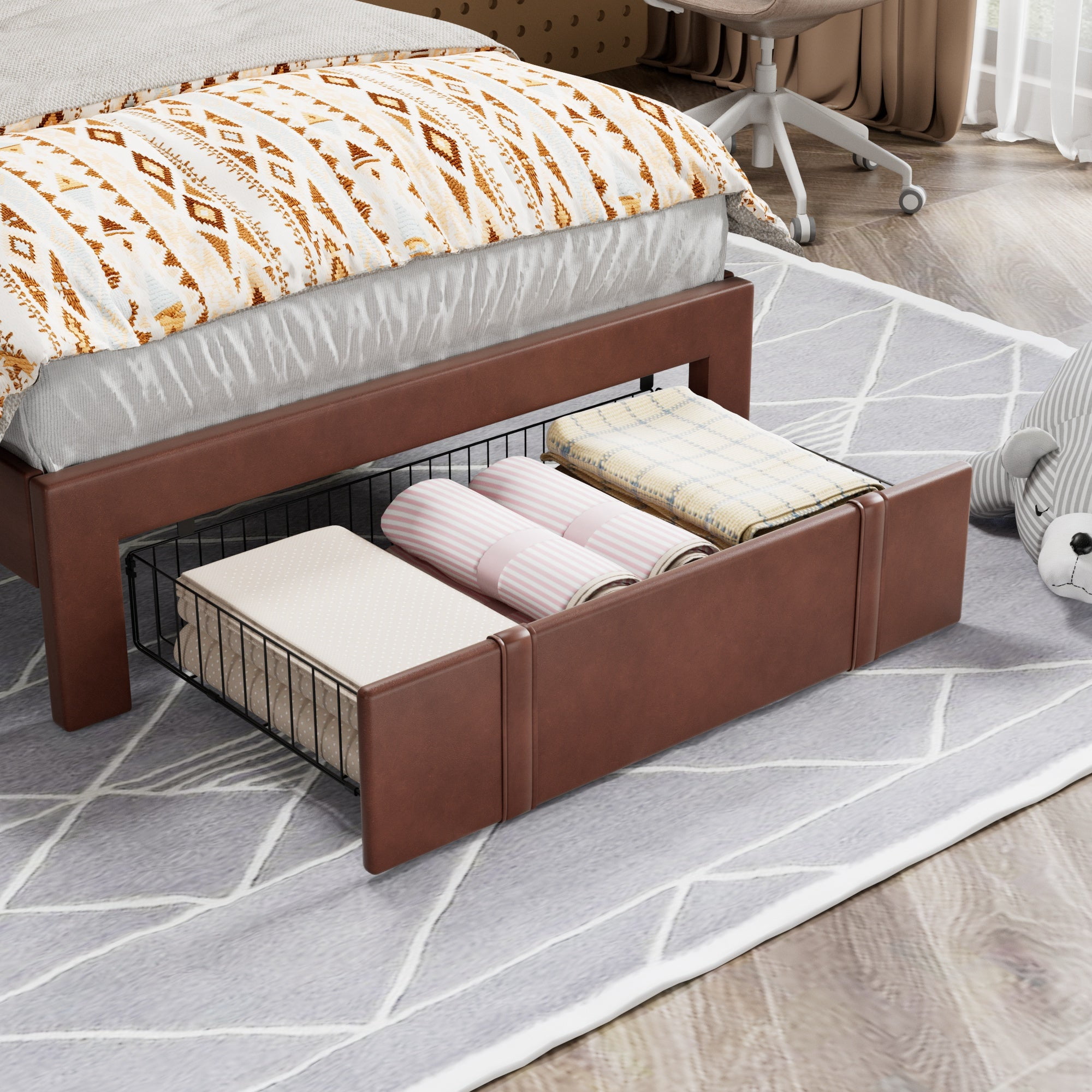 VECELO Upholstered Bed with Storage-1 Drawer, Brown Bed Frame Twin Platform Bed with Faux Leather Tufted Headboard