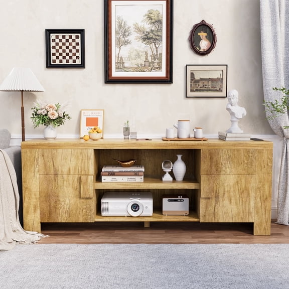 BelvaraHome 70" Farmhouse TV Stand with Charging Station & Adjustable Shelves, Fits 80" TVs, Oak