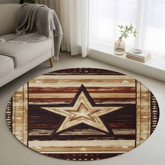 Brown Star Western Round Rug 3ft Washable Circle Entryway Rugs Non Slip Country Brown Vintage Wooden Area Rug Indoor Floor Carpet for Bedroom Kitchen Living Room Home Office Dining Room Nursery