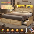 thumbnail image 4 of Queen Size Rattan Bed Frame with Bookcase Headboard and LED Lights, Wooden Bed with 4 Drawers, Barn Door Design, No Box Spring Needed, Wood, 4 of 7