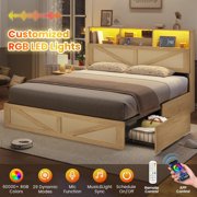 AOGLLATI Queen Size Bed Frame with Storage Drawers & Rattan Headboard - Boho LED Platform Bed with Charging Station, No Box Spring Needed