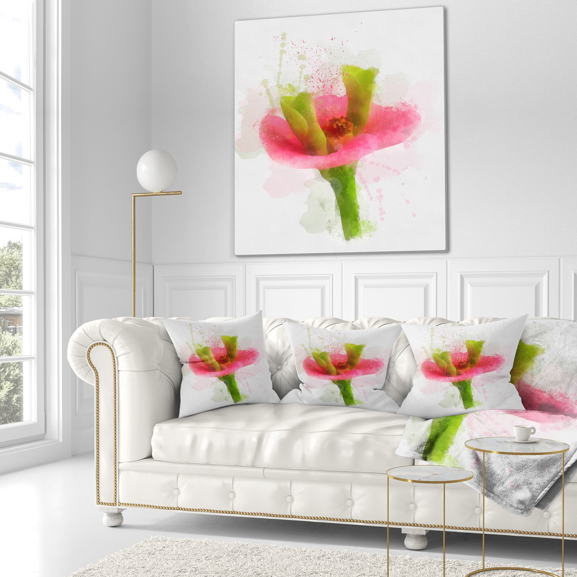 Designart Green Red Flower Sketch Watercolor - Floral Throw Pillow - 16x16