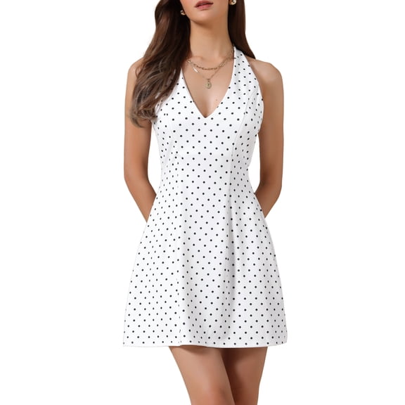 DARING DIVA Women's Polka Dots Dresses Halter Neck Sleeveless Mini Dress S White