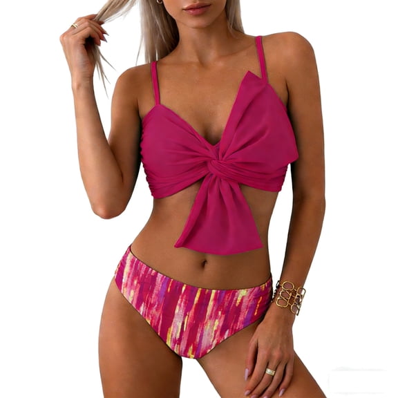 DHFJKG Women Swimsuits Floral Print Bowknot Two Piece Swimwear Bikini Top With High Waist Briefs Bottoms Tummy Control Bathing Suit Summer Trendy Beachwear
