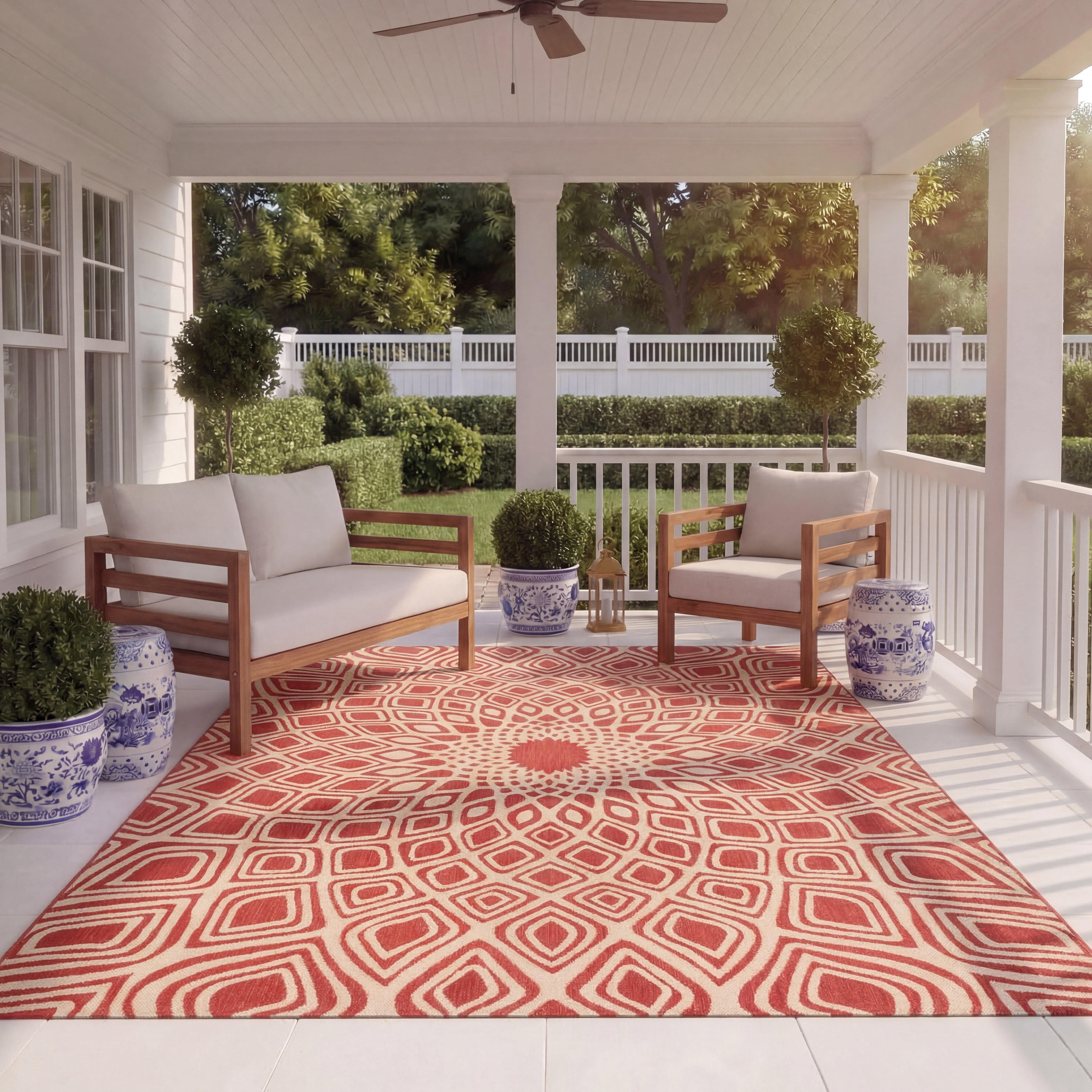 SAFAVIEH Courtyard Thane Nautical Indoor/Outdoor Area Rug, 5'3" x 7'7", Red/Beige