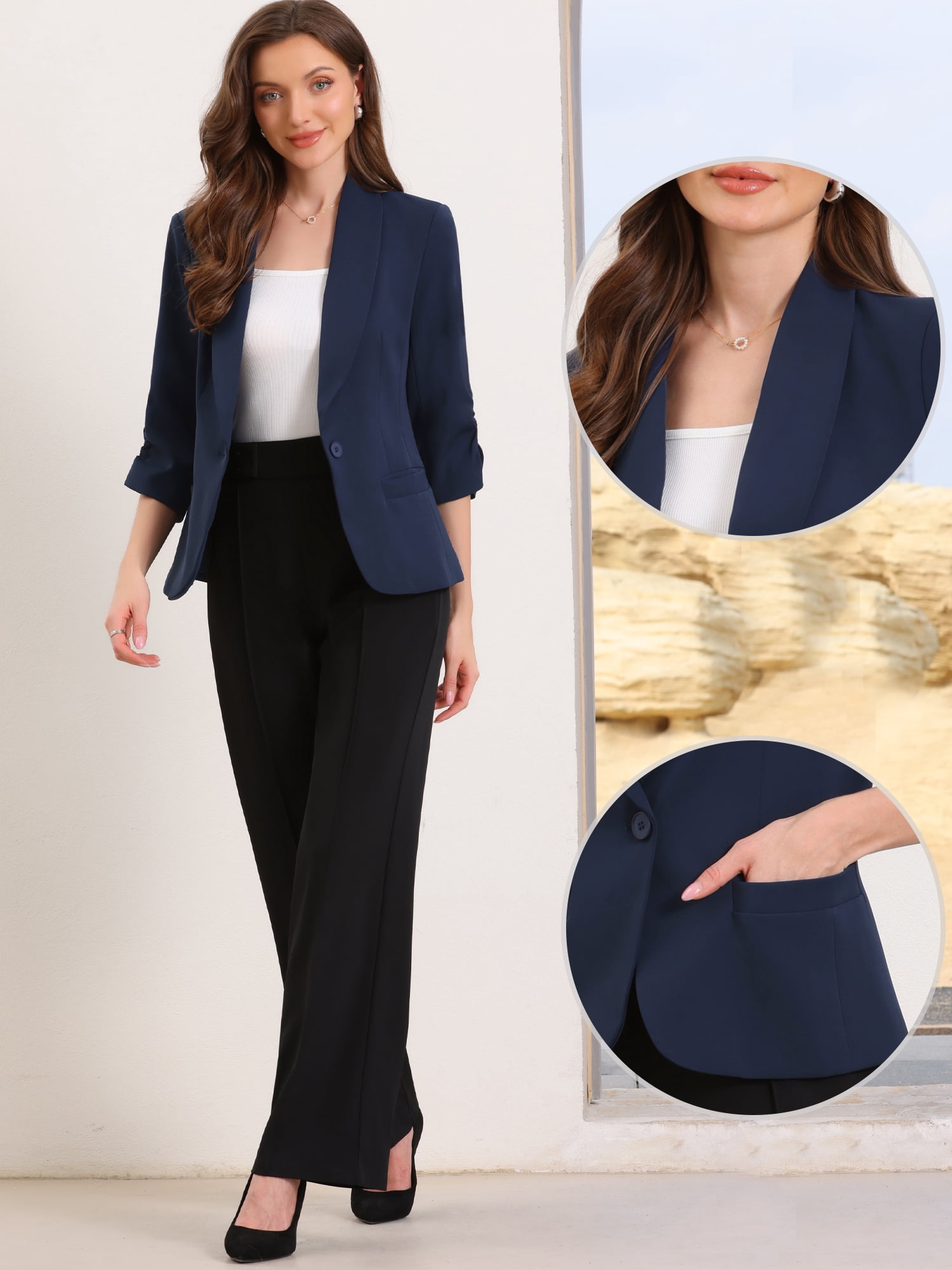 DARING DIVA Women's 3/4 Sleeve Shawl Lapel Work Blazer with Pockets M Royal Blue