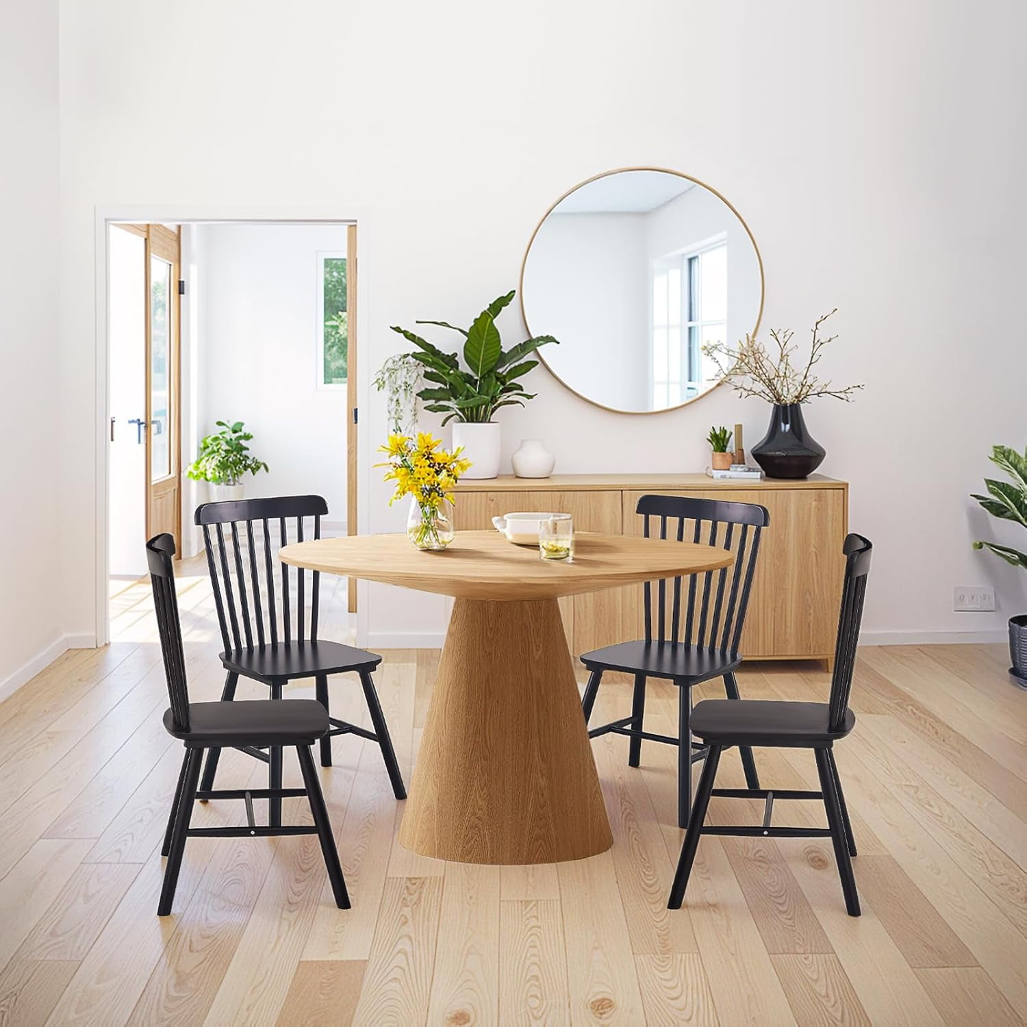 GARITIN Dining Chairs Set of 4, Solid Rubber Wood Kitchen Chairs with Curved Backrest and Rounded Edges for Dining Room, Black