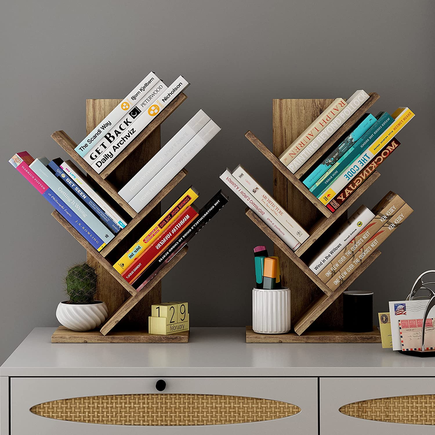 Tree Bookshelf Set of 2 ，4Tier Small Book Shelf Organizer Floor