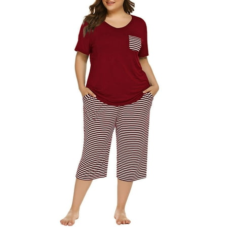 

Coutgo Women s XL Pajama Pants Set Striped Short Sleeve Cropped Pants