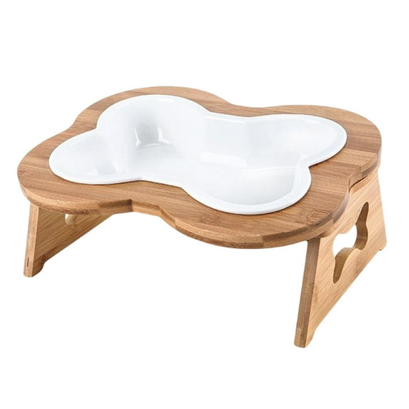 Pet Feeder Wooden Rack Raised Tilted Vomiting Pets Dogs Bowl White
