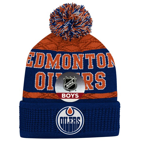 Childrens Edmonton Oilers Puck Pattern Cuffed Knit Hat - Size Boys