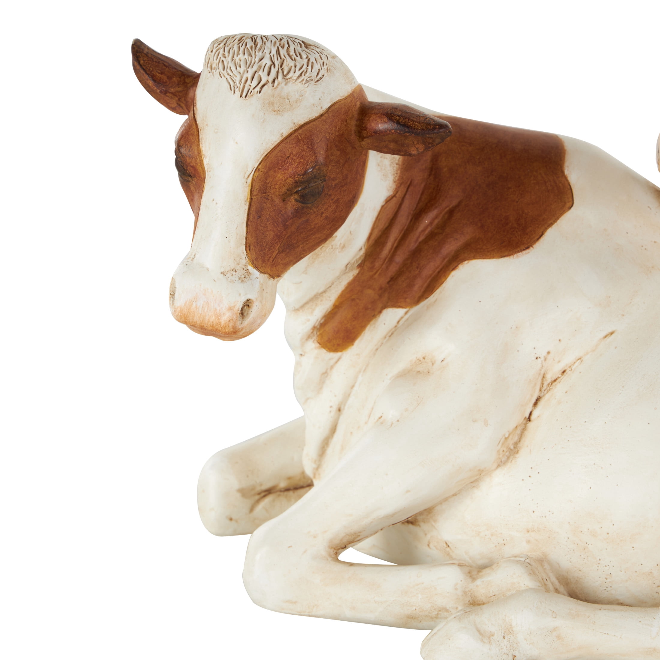 11" x 6" Cream Polyresin Sleeping Cow Sculpture with Sitting Roosters and Chicks, by DecMode