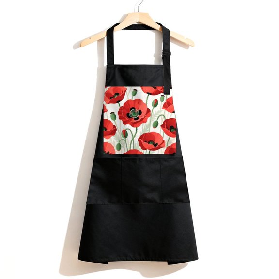 RKSupls Waterproof Bib Apron with 3 Pockets, Spring Wild Flower Poppy Ladybug Leaf Adjustable Neck Strap Soft 100% Polyester Water Resistant Apron for Kitchen Restaurant Home Use