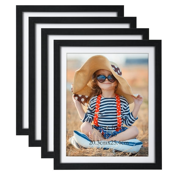 CRUGLA 4 Pack 8x10 Picture Frame, Black Photo Frame Set Display 8 x 10" Photo with Mats or 9"X11" without Mats for Wall or Tabletop Decor