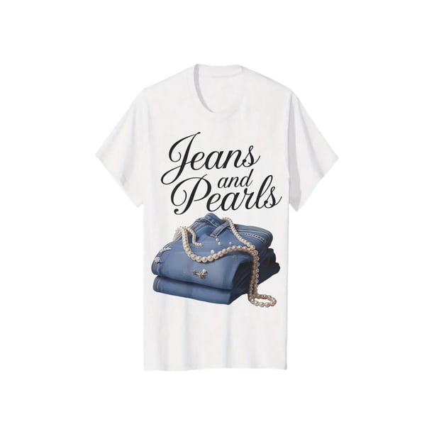Denim and pearls pattern women's T-shirt - 180-gram pure cotton short sleeve round neck casual top, denim and pearls design, machine washable all-season comfortable