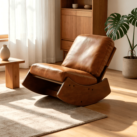 Modern Glider Rocking Chair with Solid Wood Frame, Ergonomic Faux Leather Accent Chair for Bedroom, Living Room