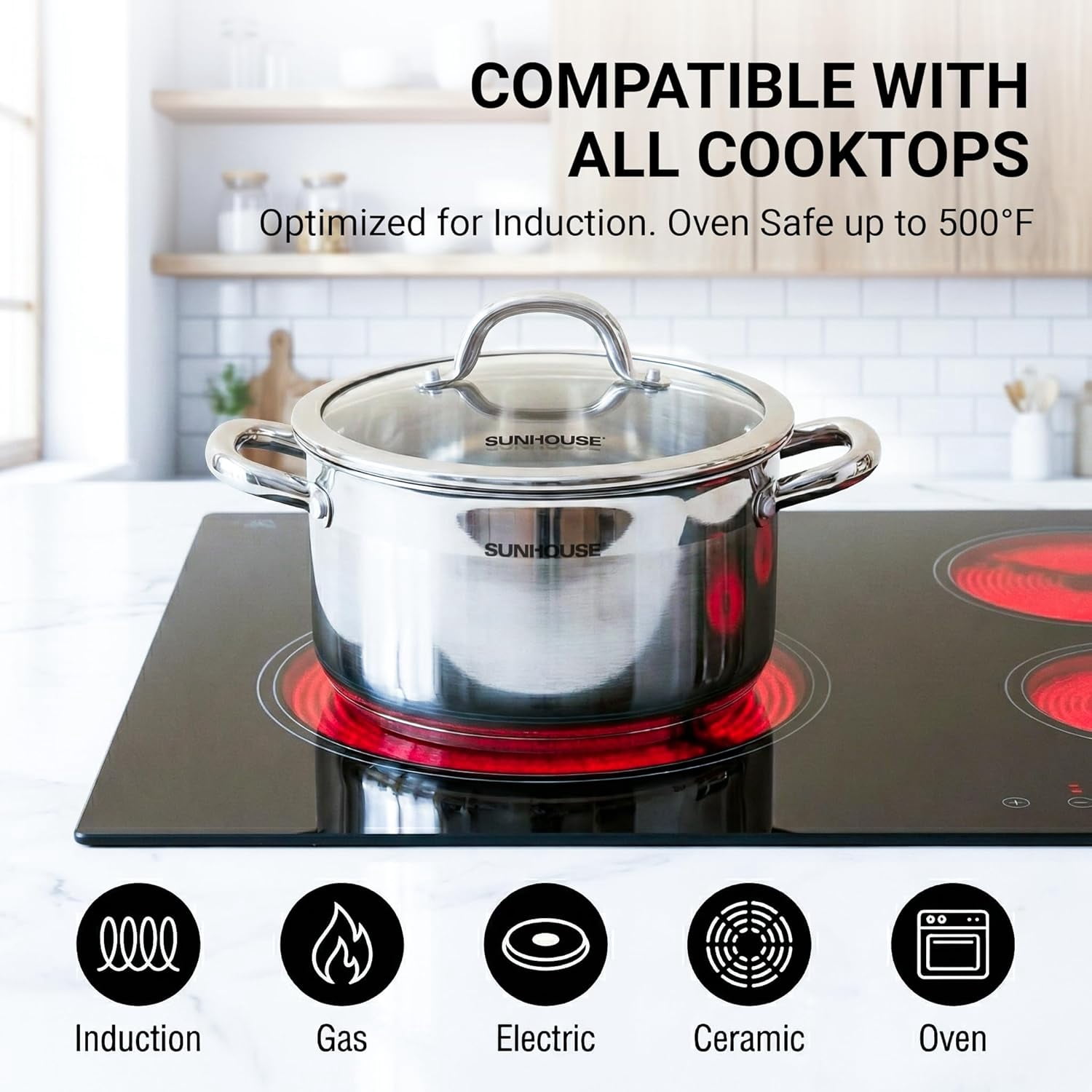 Sunhouse Professional 12-Quart Whole-Clad Multi-Ply Stainless Steel Stock Pot with Lid - Premium 18/10 - Induction Ready, Oven Safe Dishwasher Safe Cooking Pot