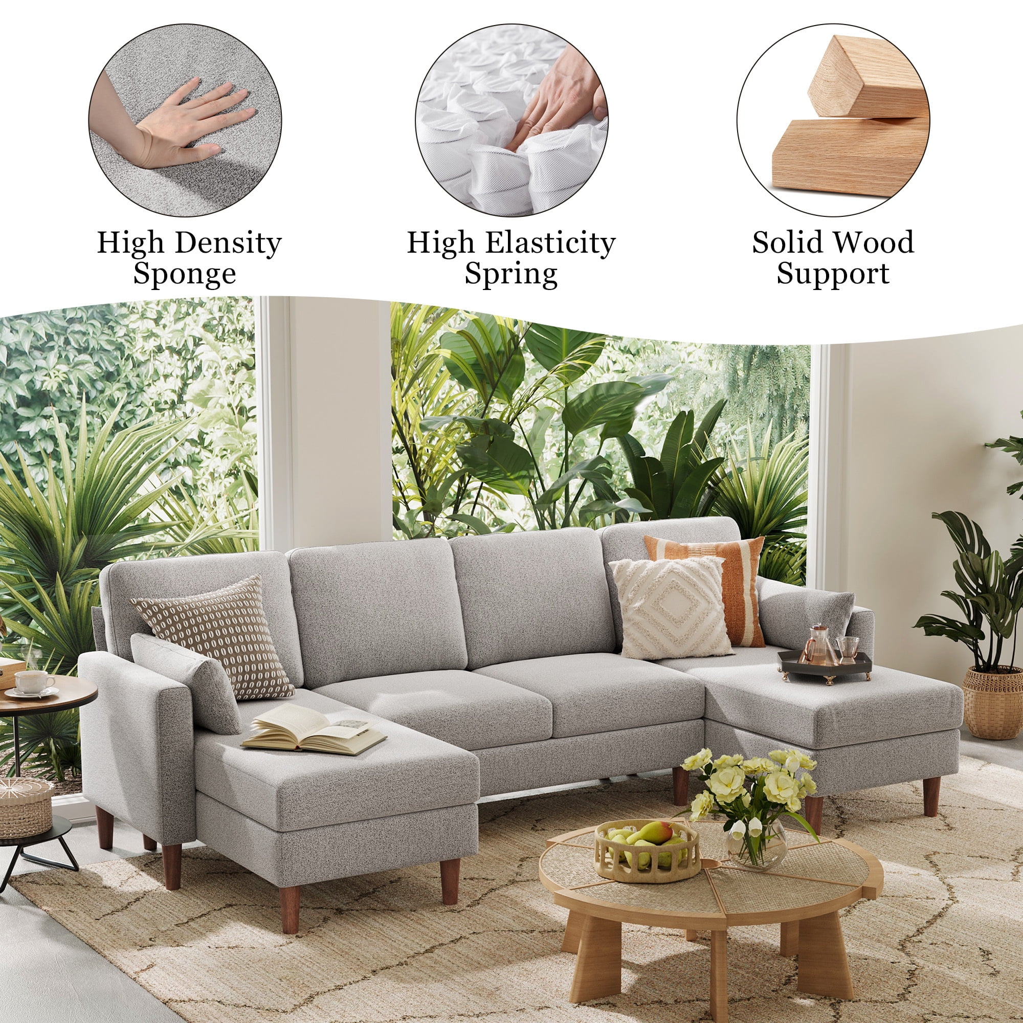 Linsy Home 101" Modular Sectional Couches for Living Room, U-Shaped Sectional Sofa with 2 Pillows, 4 Seat Oversized Sofa with Double Chaise, Light Gray Bouclé