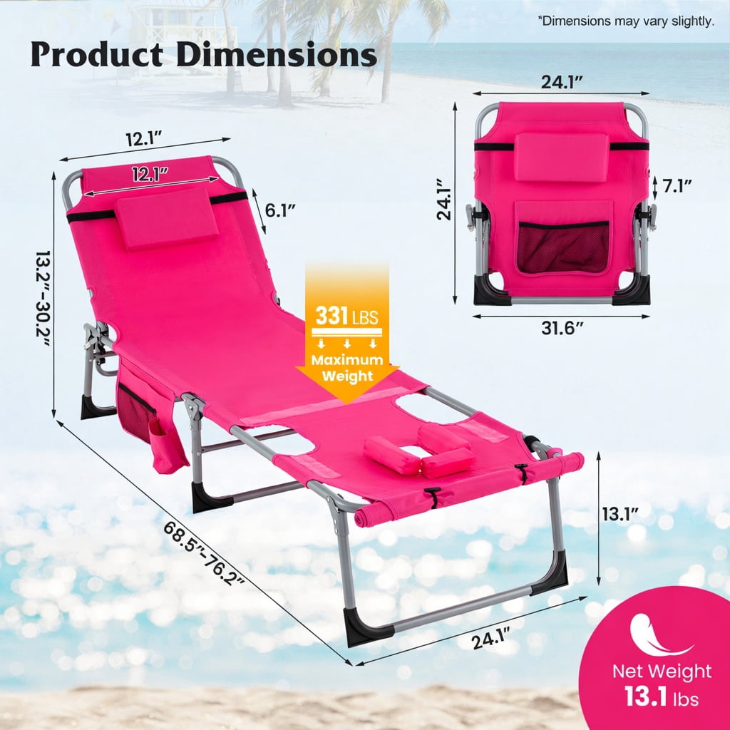 Hommoo 5-Position Adjustable Outdoor Folding Chaise Lounge Chair with Removable Pillow, Pink