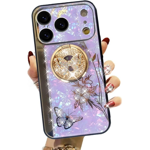 for iPhone 17 Pro Max Case with Kickstand, Ring Holder Stand Cute Marble Glitter Bling Shiny Diamond 3D Butterfly Girls Women Shockproof Elegant Hard Cover for iPhone 17 Pro Max 6.9", Purple