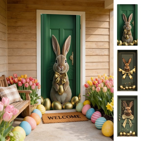 AZXY Easter Bunny Door Cover 71x35 Inch, Bunny with Gold Ribbon on Door Banner Backdrop, Spring Front Door Decorations for Outdoor Porch Farmhouse Easter Party Wall Home Decor