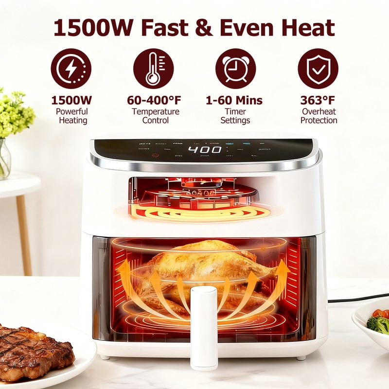 Sybels 4QT Digital Air Fryer: 1500W, Visible Window, 8 Presets, 400°F, 60-Min Timer, Auto Shut-Off, Dishwasher-Safe Basket, White