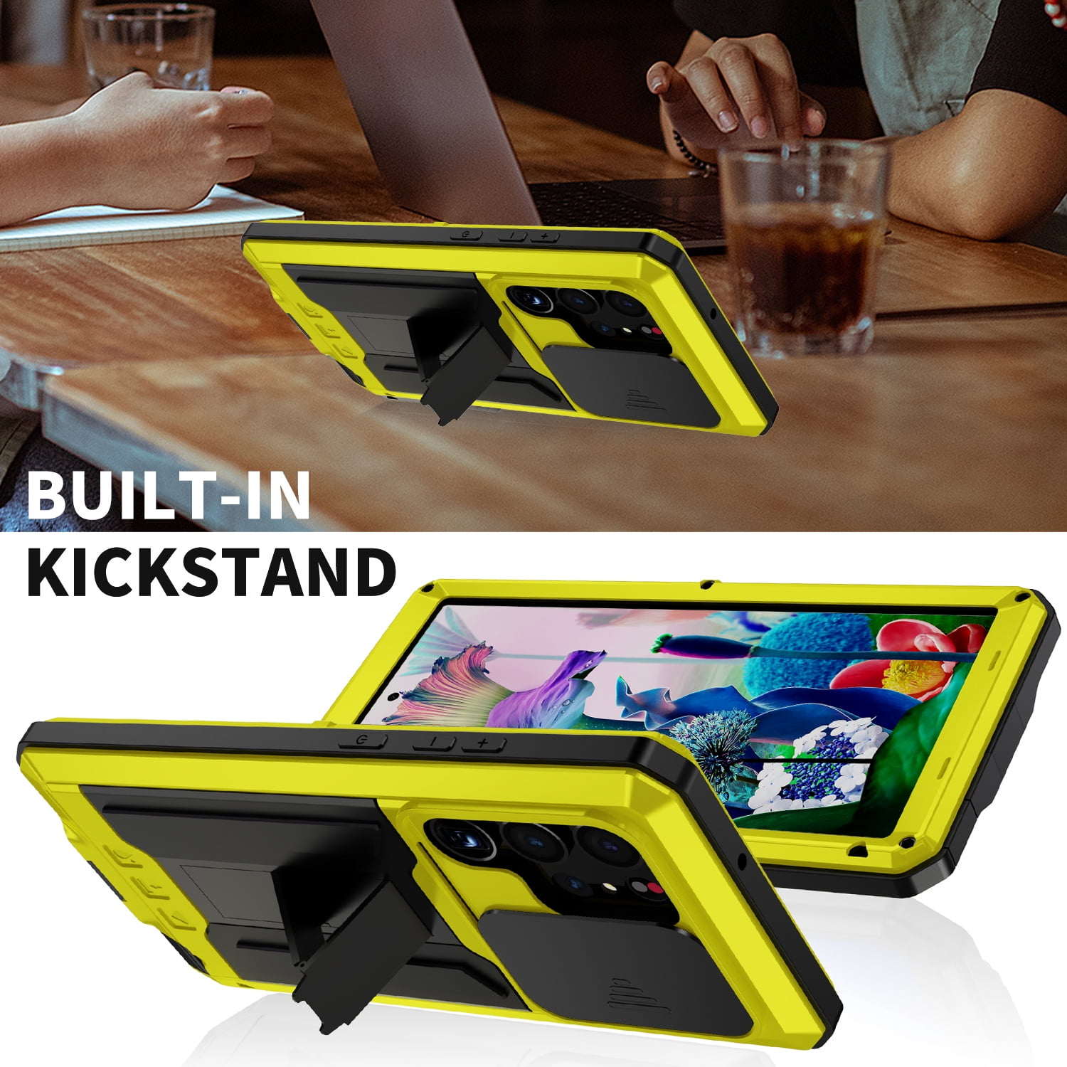 Case for Samsung Galaxy S23 Ultra,Decase Military Grade Shockproof Phone Case Built-in Front Screen Protector Heavy Duty Slide Camera Cover Magnetic Full Body Protective Stand Case - Yellow