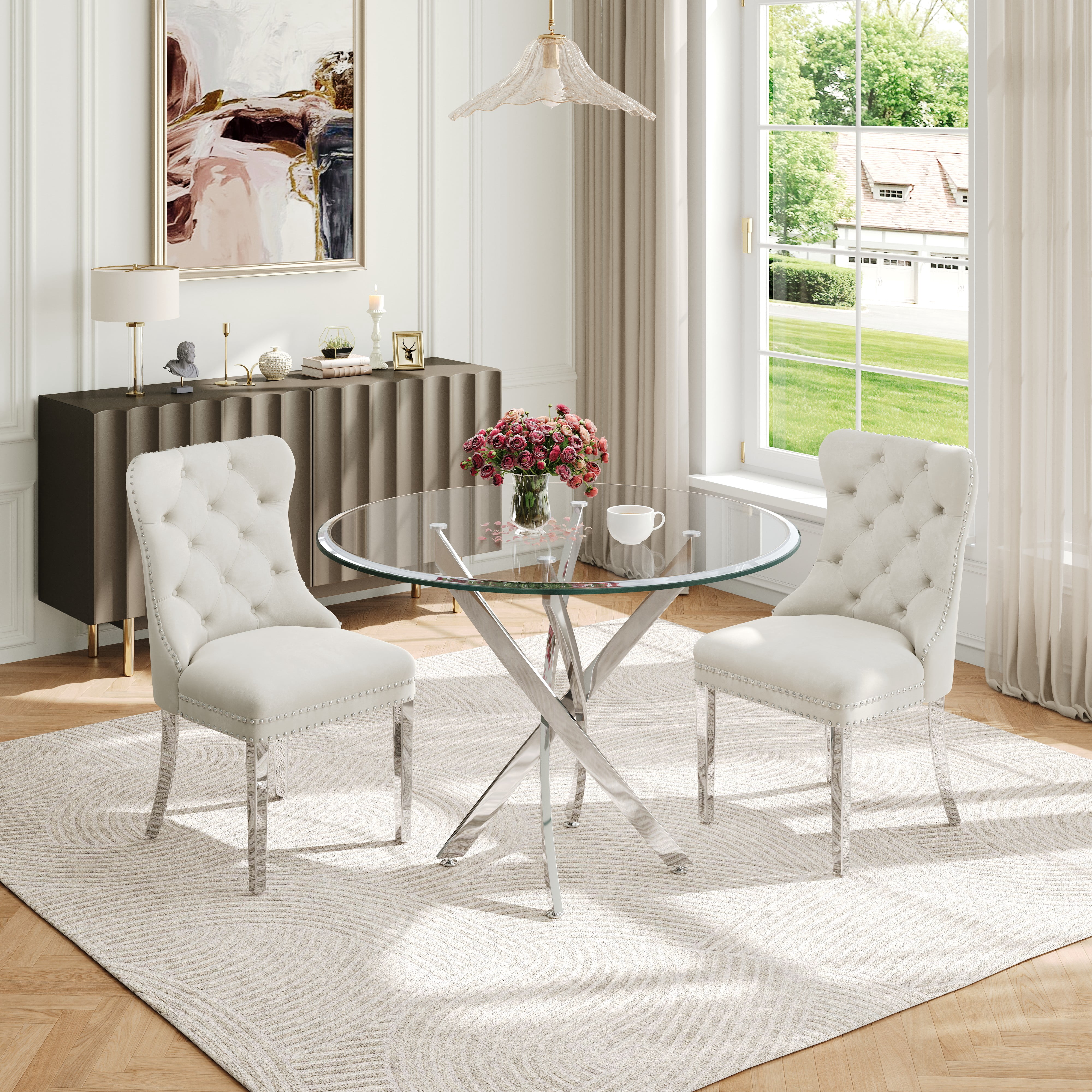 36" Round Glass Dining Table with Stainless Steel Legs, Modern Small Kitchen Table with Tempered Glass Top for Dining Room, Apartment, Kitchen