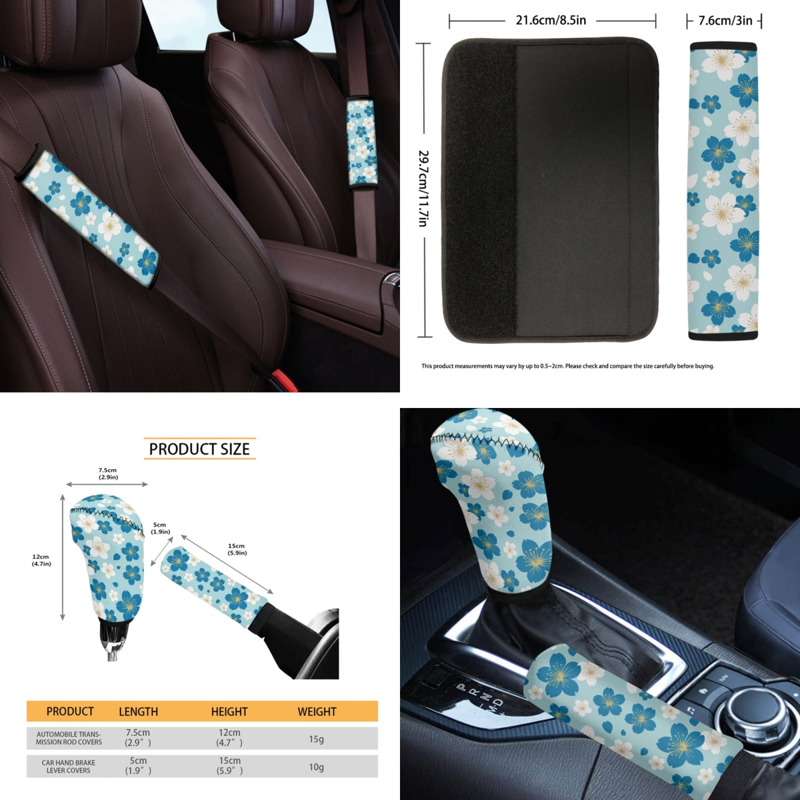 Yuyamidu Blue Flower Car Seat Covers Cute Steering Wheel Cover Seat Belt Cover Cup Holders Garbage Can Car Center Console Pad Handbrake Cover Gear Shift Knob Cover Rearview Mirror Cover, Pack of 14