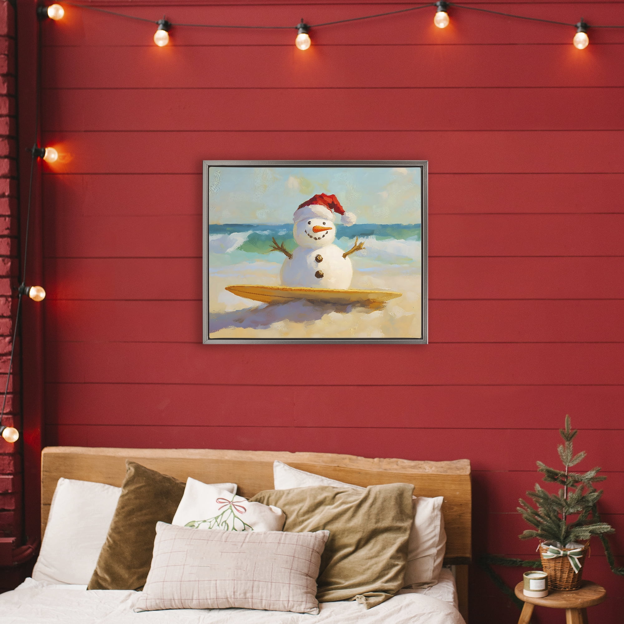 Stupell Industries Surfer Snowman on Beach Gray Framed Floater Canvas Wall Art, design by The Prints Vibe