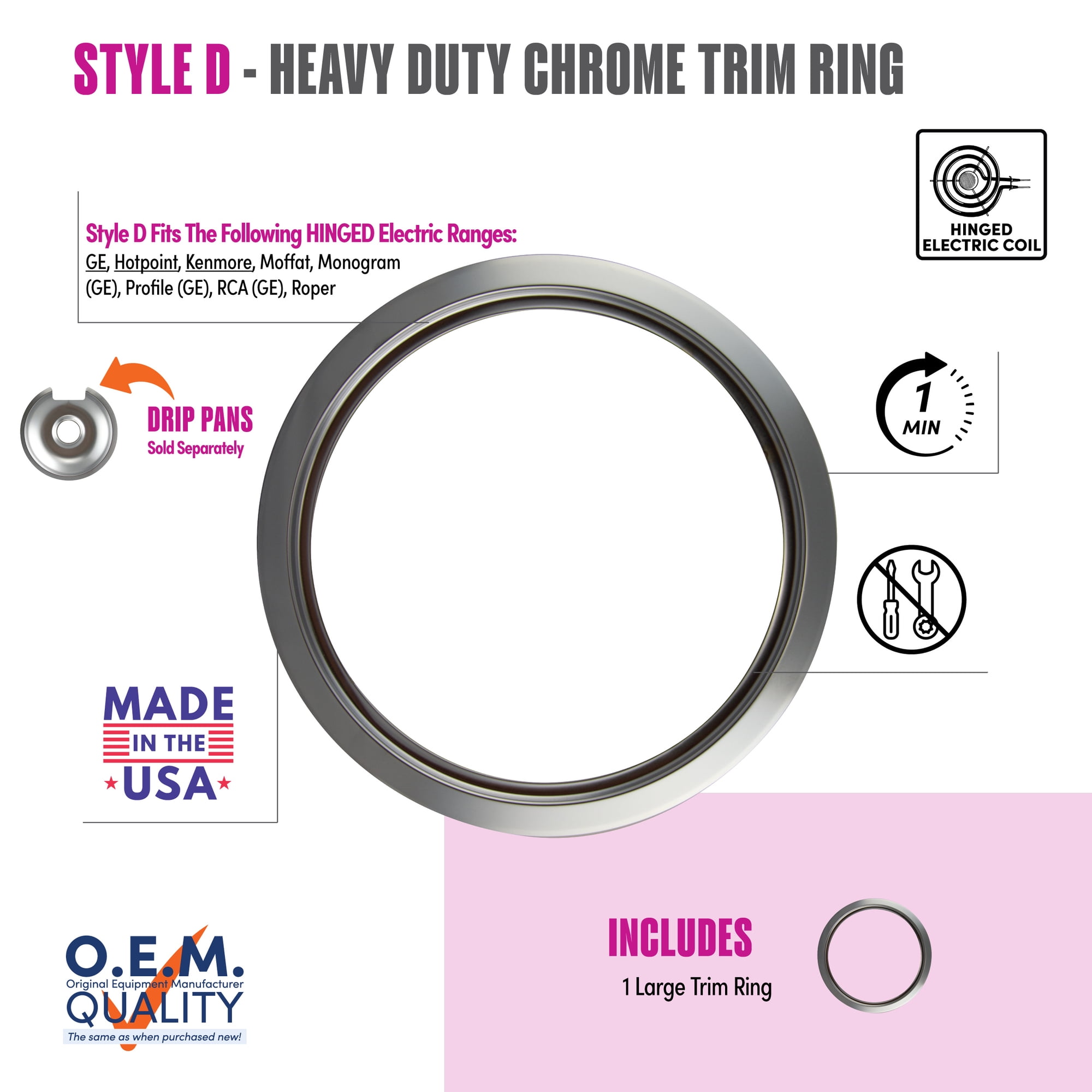 Range Kleen R8GE Style D One Large Heavy Duty Chrome Trim Ring