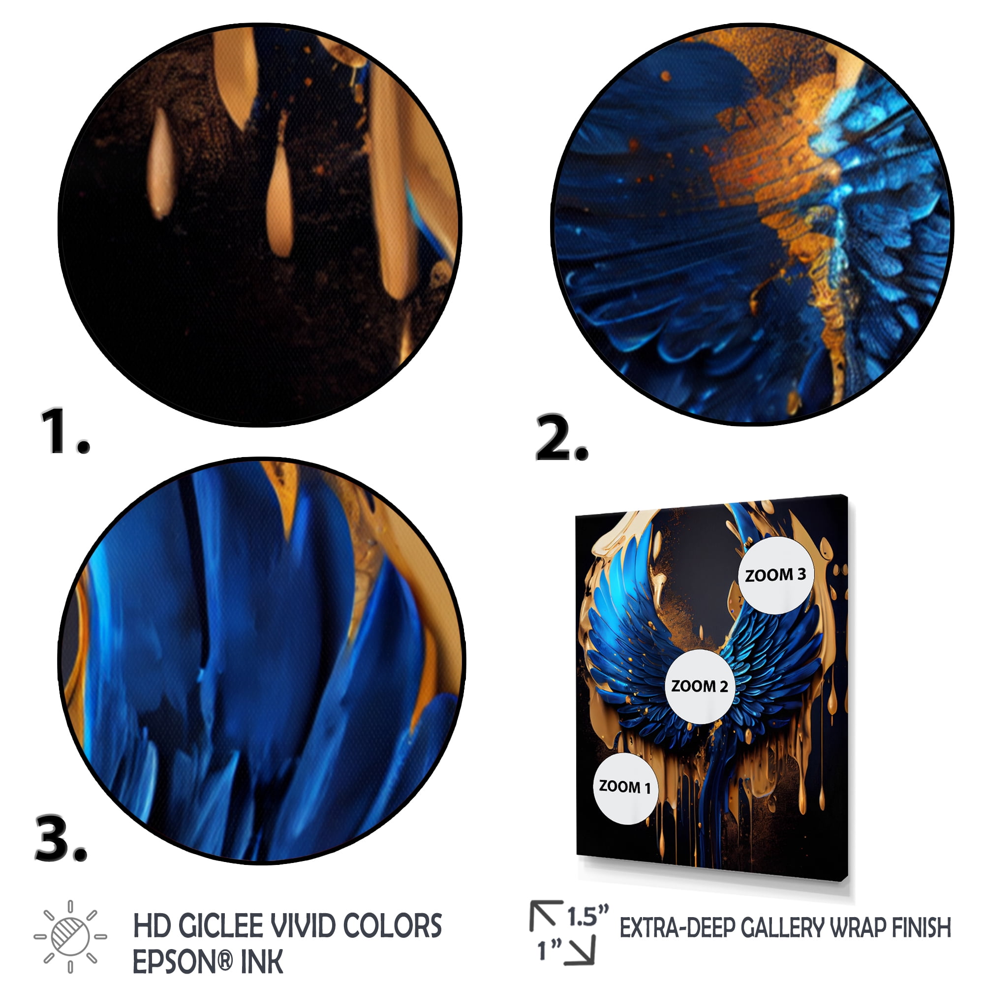 Designart Blue And Gold Angel Wings IV Canvas Wall Art
