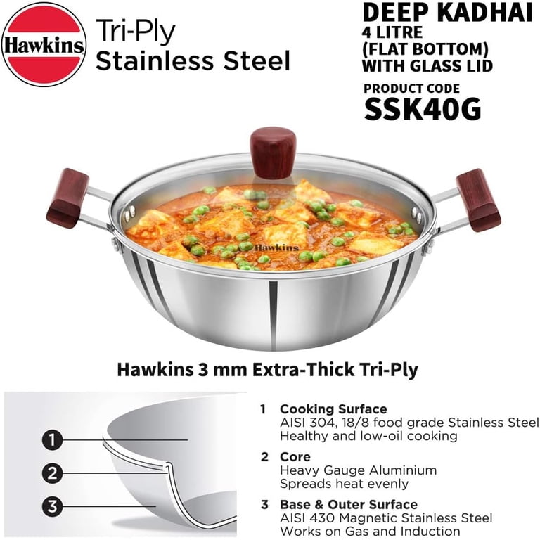 Hawkins Tri-Ply Stainless Steel Deep Kadhai / Fry Pan With Glass Lid - 4 Litre, 28 Cm, Induction Compatible