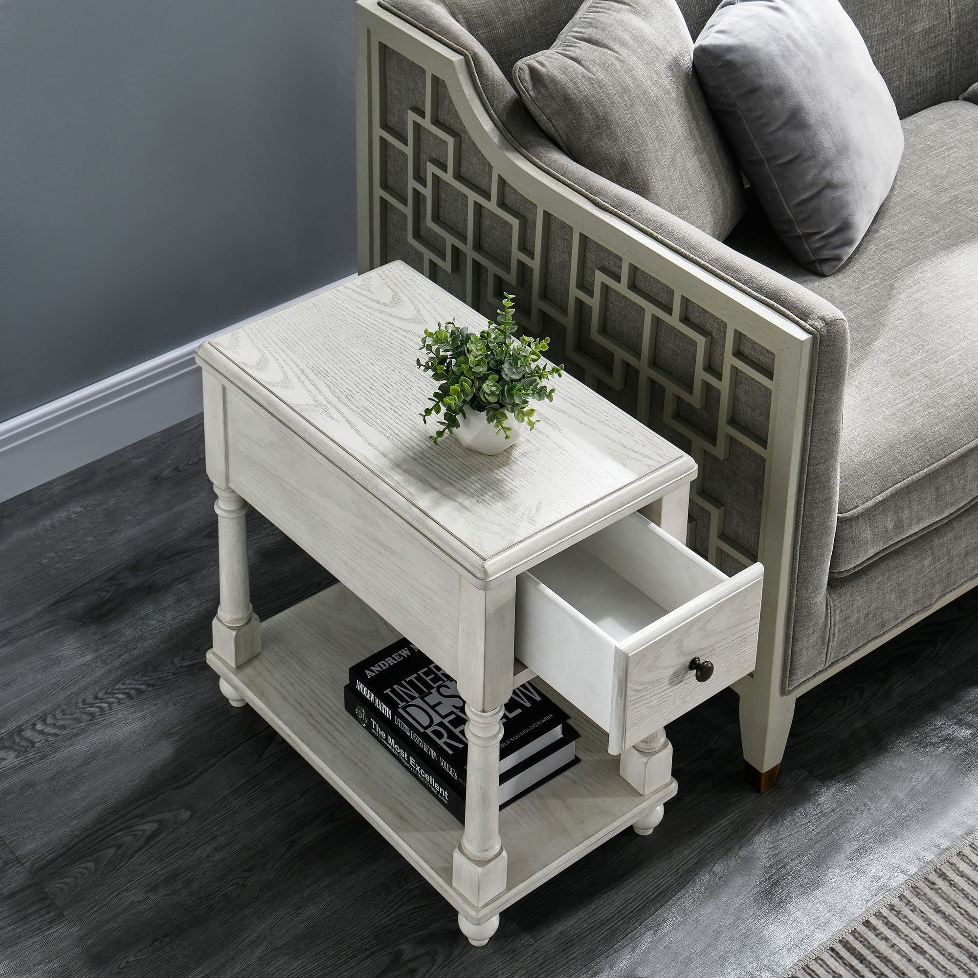 JESONVID Narrow Open End Table with Drawer, Solid Wood Side Table 2-Tier Skinny Table with Storage Shelves Slim Nightstand Small Sofa End Table for Living Room Bedroom，Antique White
