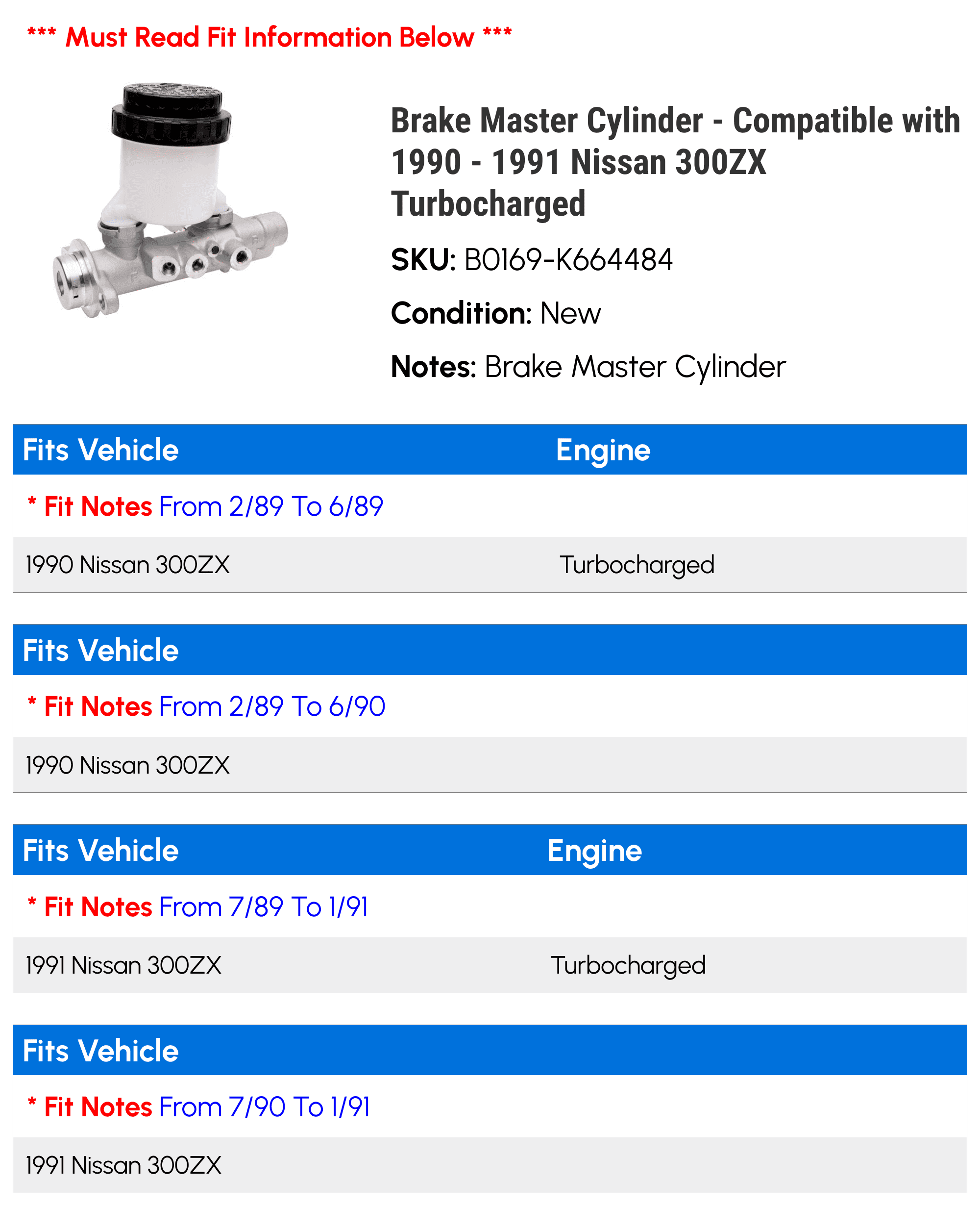 Brake Master Cylinder - Compatible with 1990 - 1991 Nissan 300ZX