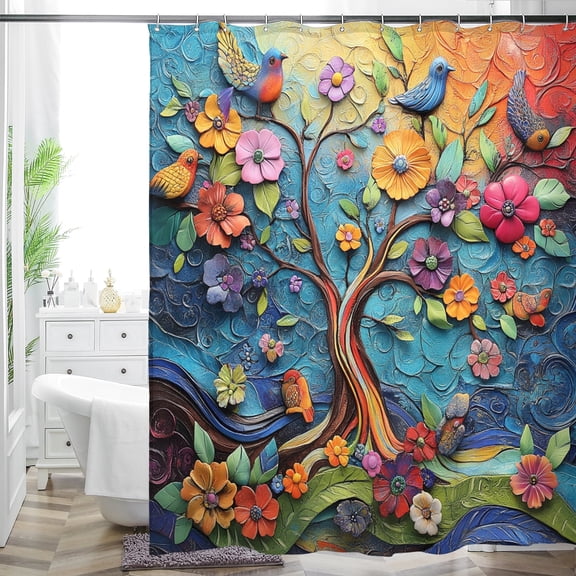 Bohemian Shower Curtain, Boho Floral Print Water Repellent Polyester Fabric for Bathroom Decor, 72×72 Inch Standard Size with 12 Hooks, Also as Room Divider