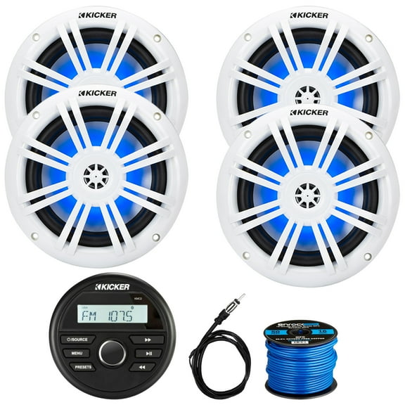 Kicker 46KMC2 All-Weather Marine Bluetooth USB/AUX AM/FM Gauge Style Media Center Receiver, 4x 6.5" 150W Max Power RGB LED Boat Coaxial Speakers, 22" Radio Antenna, 50 Feet 16 Gauge Speaker Wire