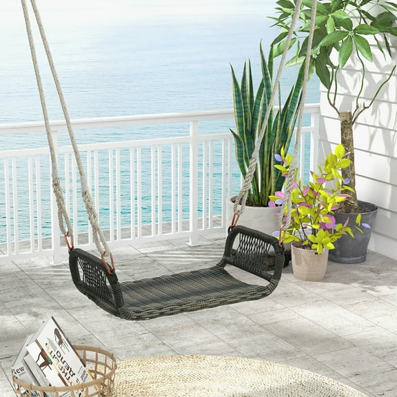 Gymax 1-Person Rattan Porch Swing Single Swing Chair Bench w/ Hanging Hemp Ropes Outdoor