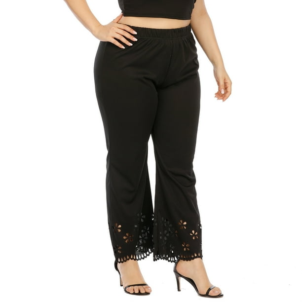 Women's Plus Size Black Flare Pants Elastic Waist Hollow Straight Leg Pants  Casual Loose Fit Lounge Trousers 