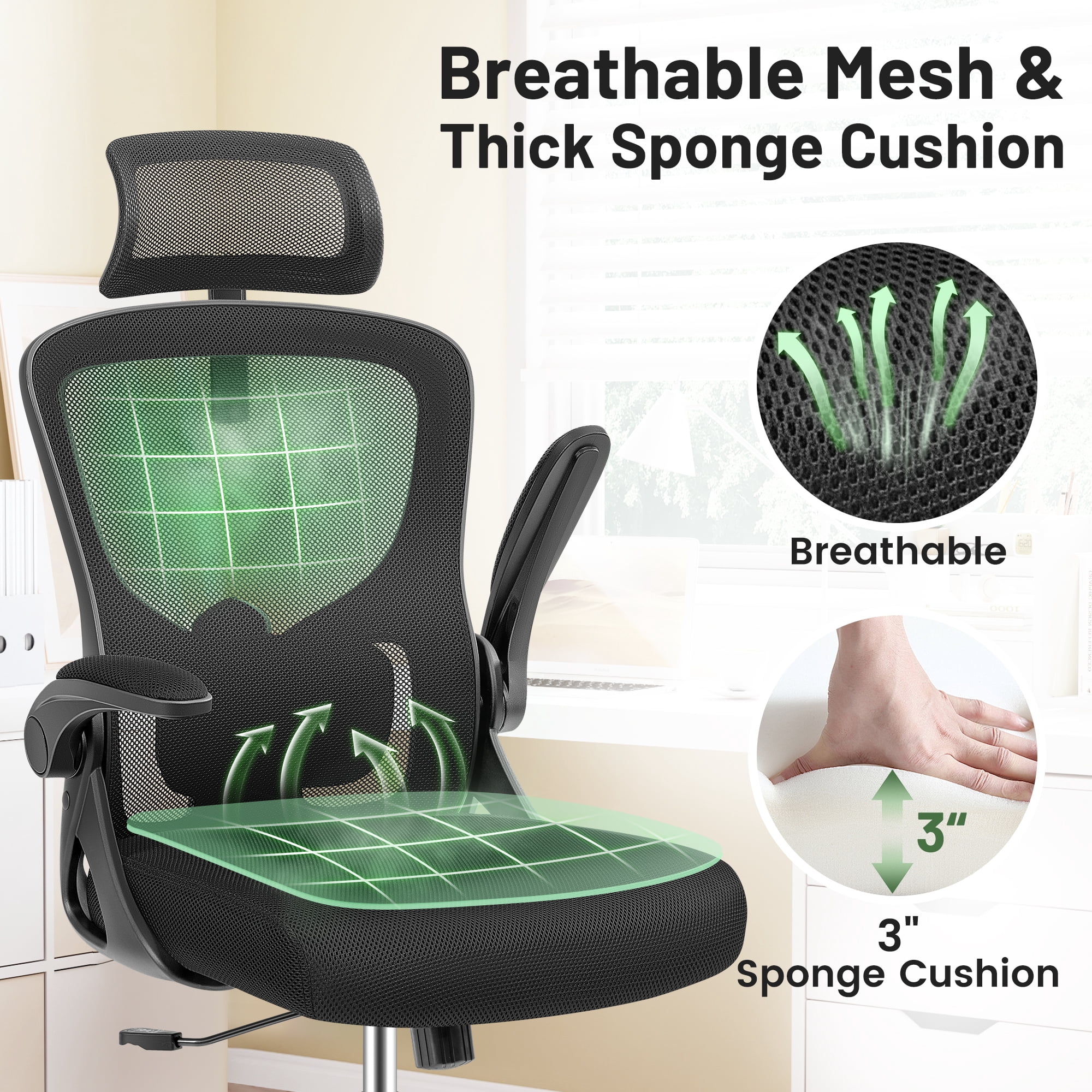 ATHOPE Office Chair, Ergonomic Desk Chairs 300LBS Capacity High Back Mesh Computer Chair with Flip-up Armrests, Comfy Work Chair with Adjustable Lumbar Support Headrest for Home Office, Black
