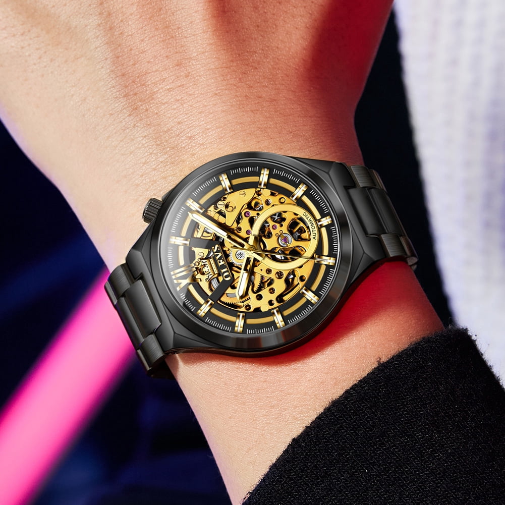 OLEVS Skeleton Watches for Men Luxury Dress Automatic Self Winding Mechanical Gold Plated Stainless Steel Waterproof Luminous Business Men Wrist Watch Reloj Para Hombre