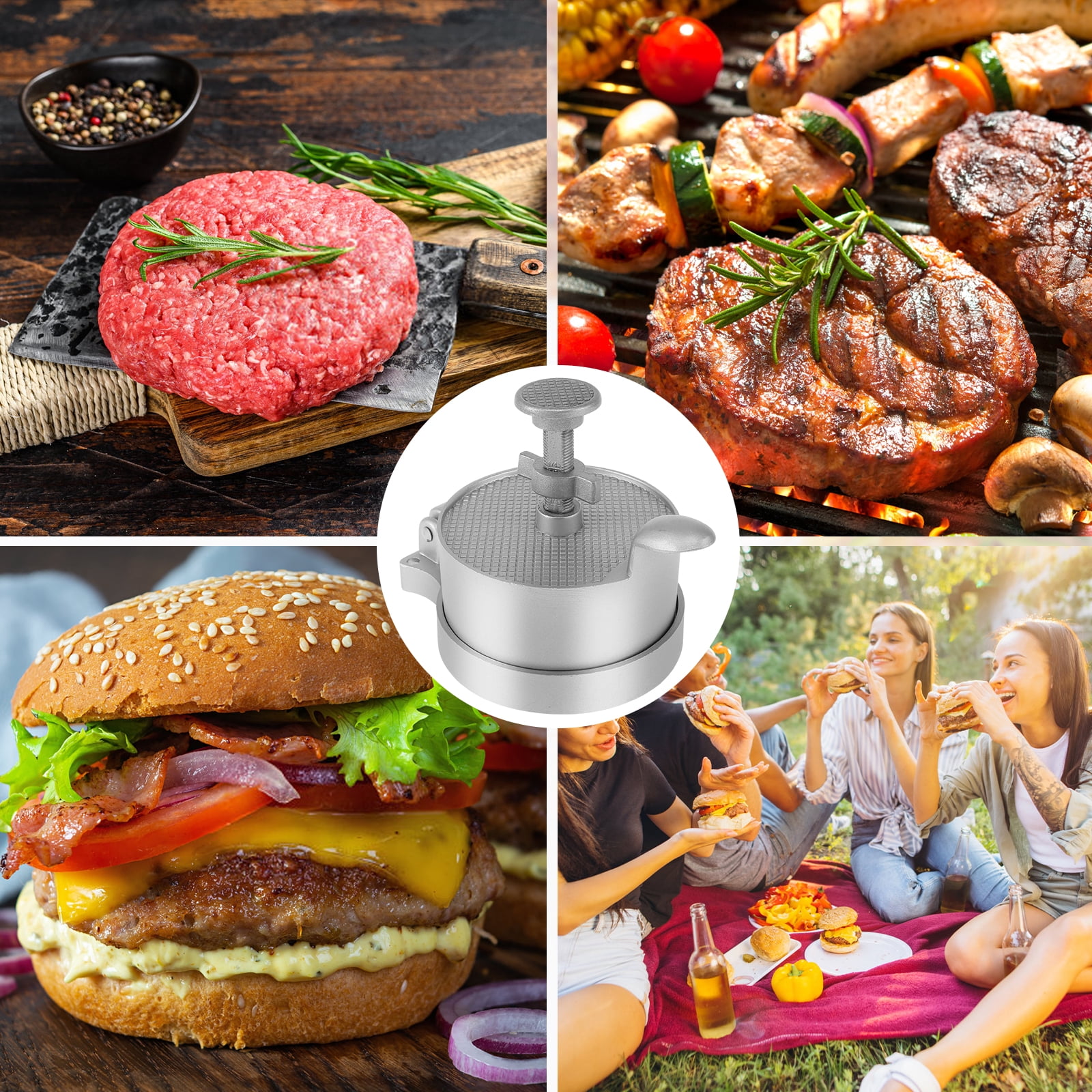 Evjurcn Burger Press with 100 Patty Paper Adjustable Thickness Hamburger Press Patty Maker Non-Stick Hamburger Patty Maker Mold Aluminum Alloy Burger Press Patty Maker for Grilling and Cooking