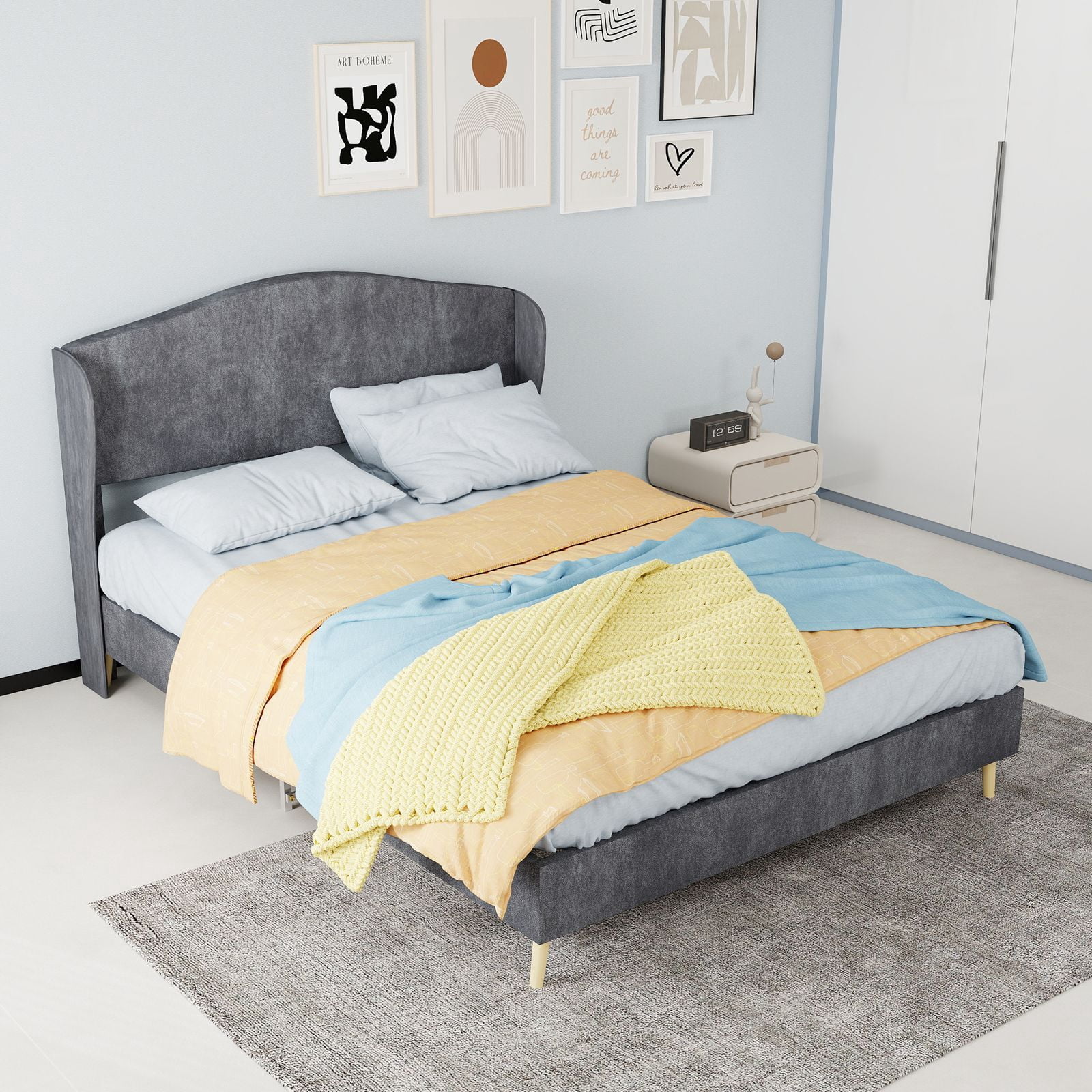 Alvantor Full Size Upholstered Bed Frame with Padded Headboard, Holland Velvet Tufted Noise-Free & Durable Gray