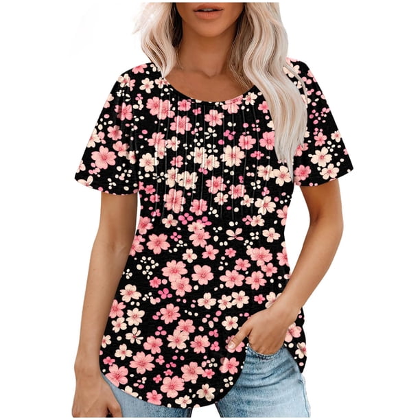 Camiseta de Cuello Redondo de Impresión Floral Casual de Manga Corta de las Mujeres, Blusa de Verano de Moda Ligera para el Día Y la Fiesta
